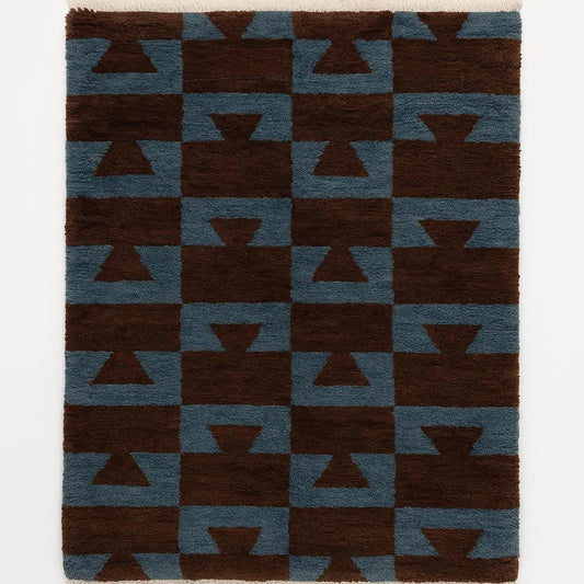 Moroccan Rug Hand Knotted Berber Wool Carpet in Brown and Blue Geometric Pattern