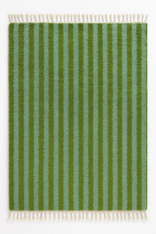 Striped Rug Moroccan Berber Hand Knotted Green and Light Green Carpet