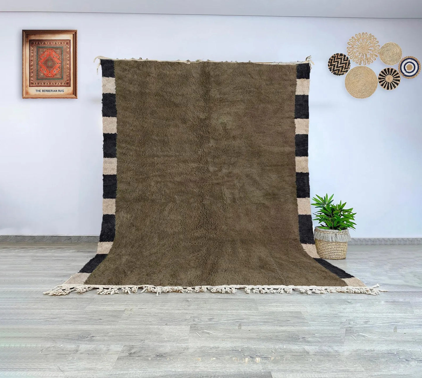 Moroccan Berber Brown Beni Ourain Rug Geometric Roofline Pattern