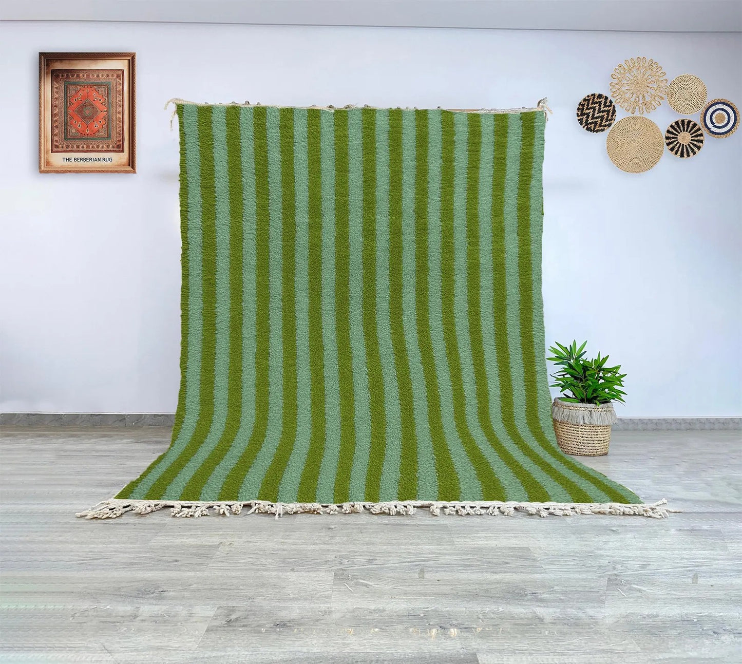 Striped Rug Moroccan Berber Hand Knotted Green and Light Green Carpet