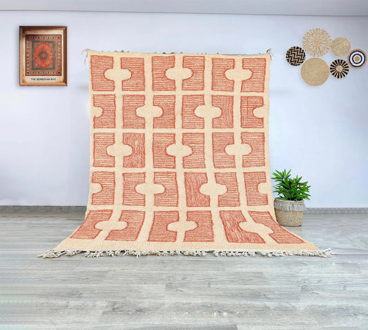 Moroccan Wool Beni Ourain Rug Terracotta and Cream Geometric Pattern