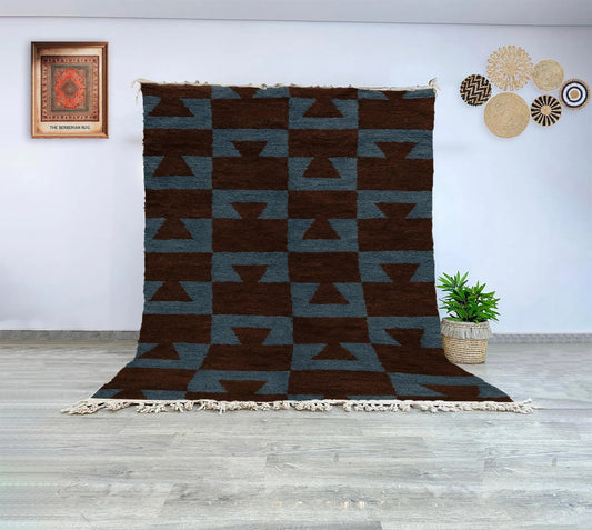 Moroccan Rug Hand Knotted Berber Wool Carpet in Brown and Blue Geometric Pattern
