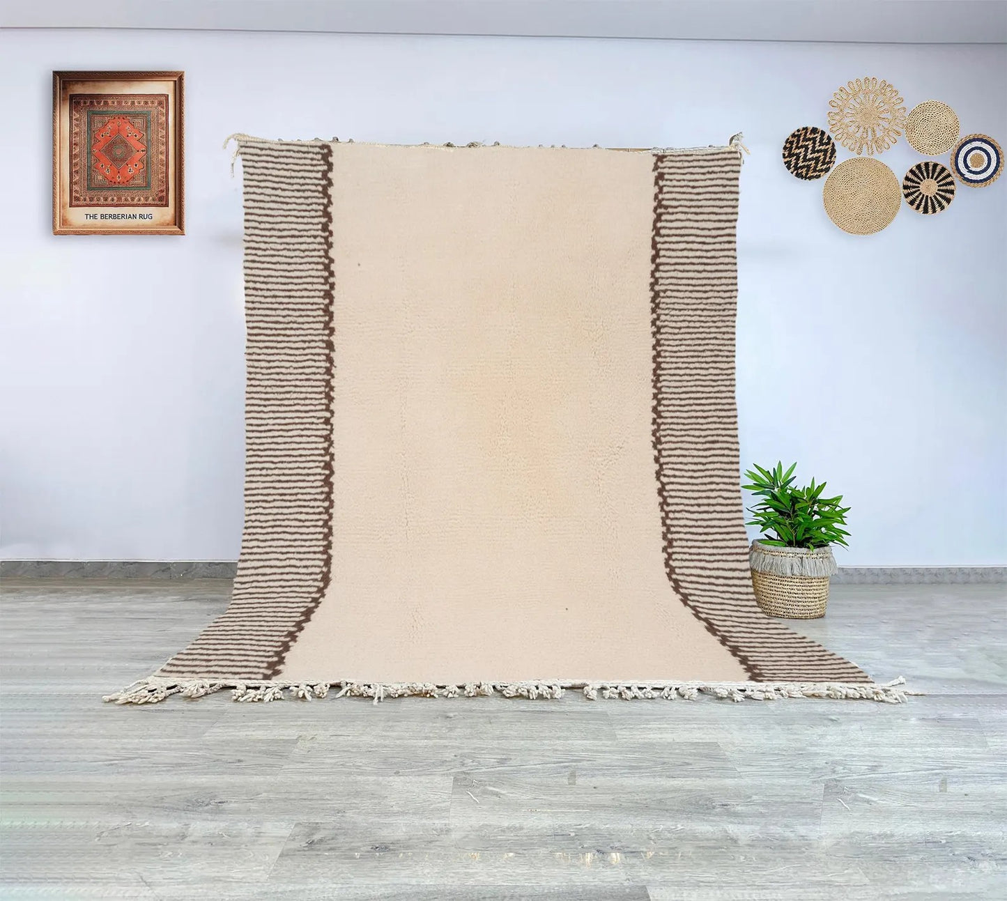 Handmade Moroccan rug Beni Ourain cream and brown stripe border