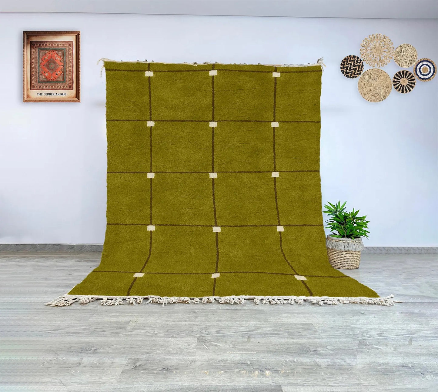 Moroccan Beni Ourain Olive Wool Rug Handwoven Berber Carpet with Cream Squares