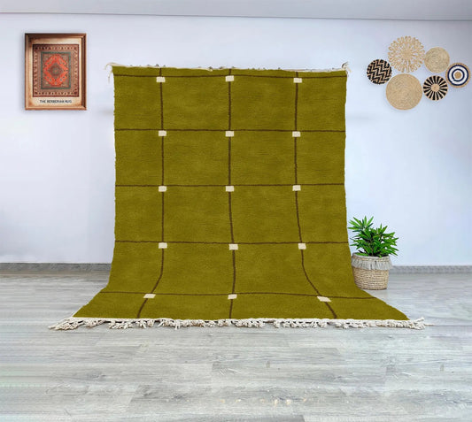 Moroccan Beni Ourain Olive Wool Rug Handwoven Berber Carpet with Cream Squares