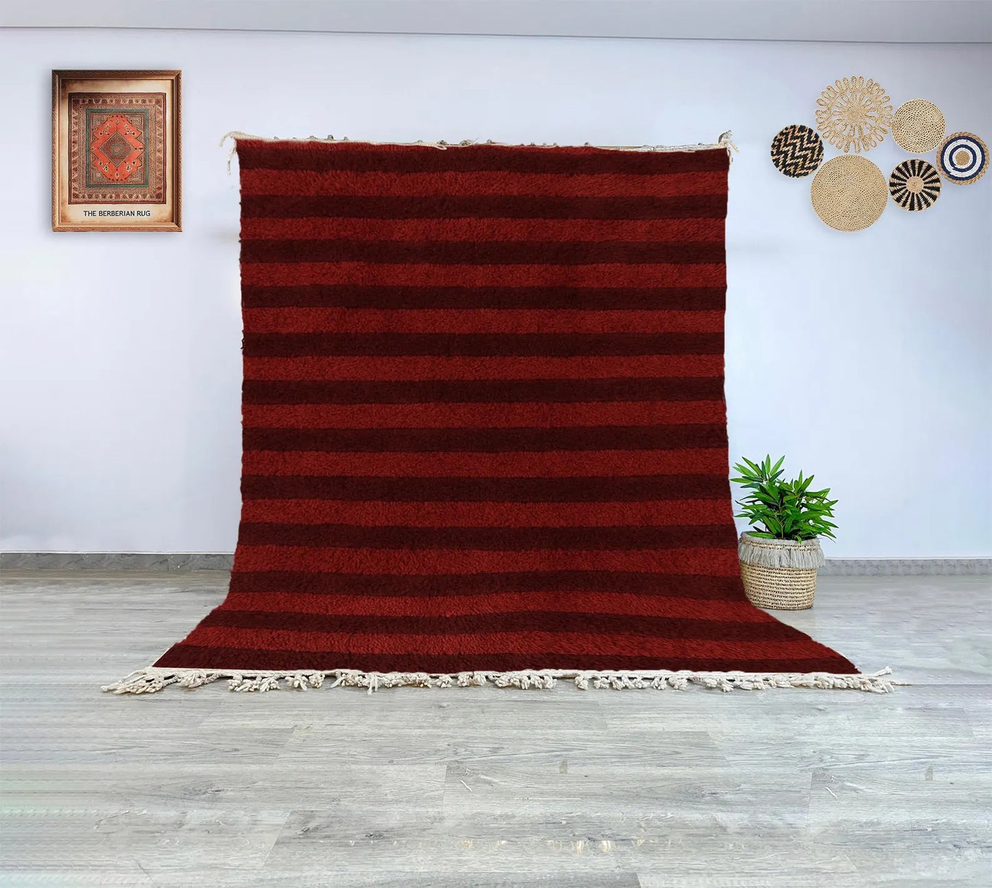 Moroccan Wool Rug Red Striped Hand-Knotted Berber Carpet